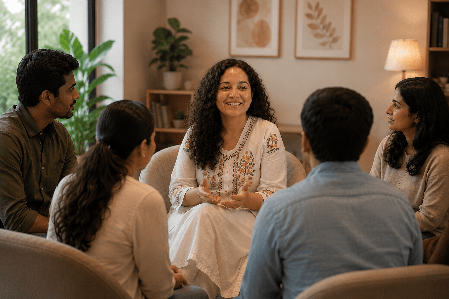 A small facilitated circle in conversation