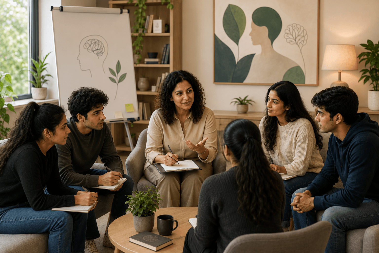 A supervisor in conversation with a group of psychology interns
